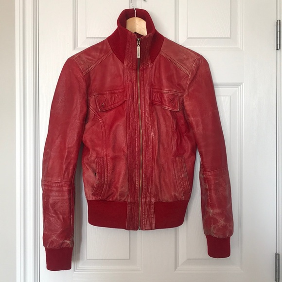 Much Loved Bershka 100% Red Leather Jacket - Picture 1 of 8